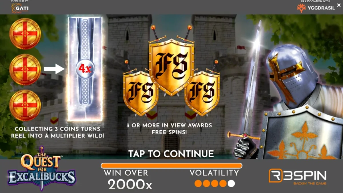 Pemandangan benteng abad pertengahan dalam slot The Quest for Excalibucks