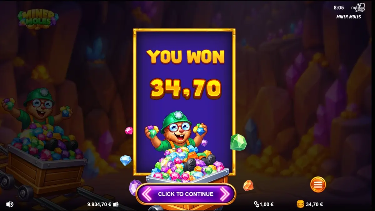 Tampilan visual slot Miner Moles dengan karakter tikus tanah di gua permata