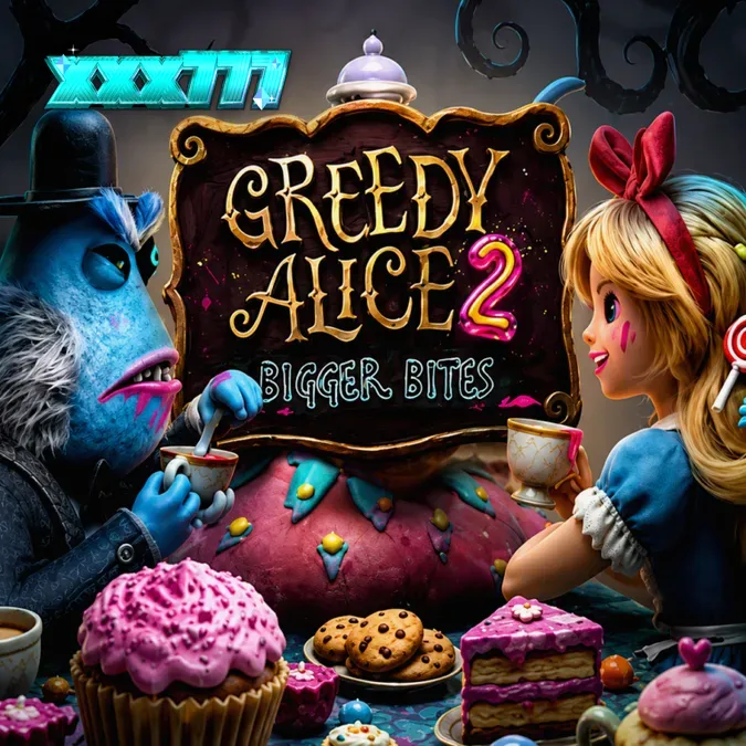 Tampilan visual slot Greedy Alice 2 Bigger Bites dengan tema Wonderland yang kelam